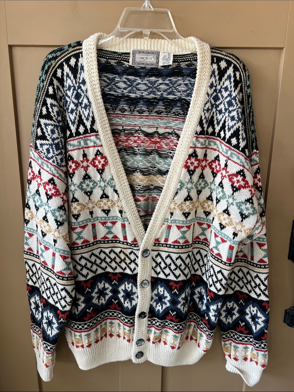 Concrete Mix Vintage Men's L Multi Fair Isle Cardigan Sweater Grandpa